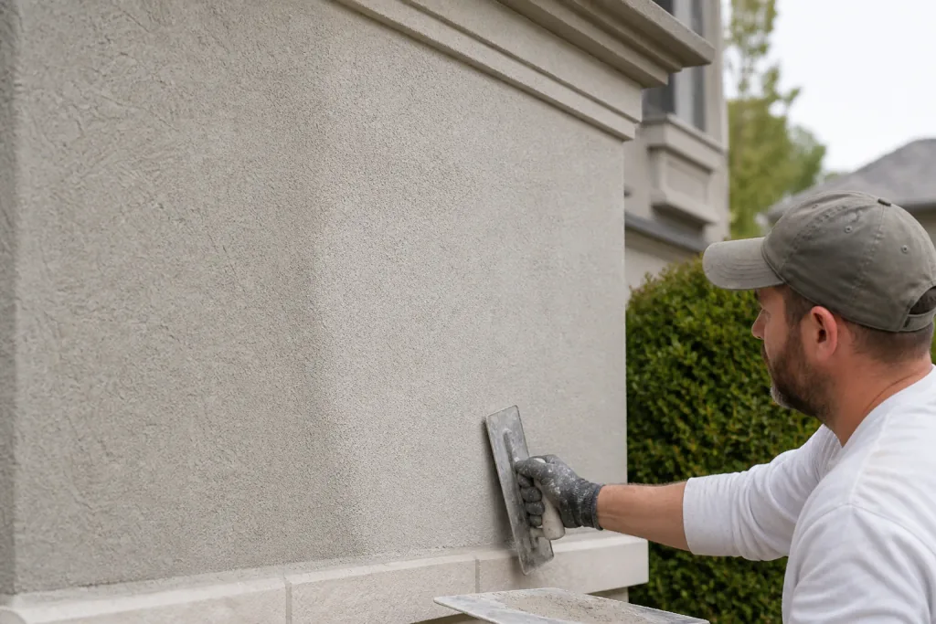 Matched stucco texture being restored on an exterior wall