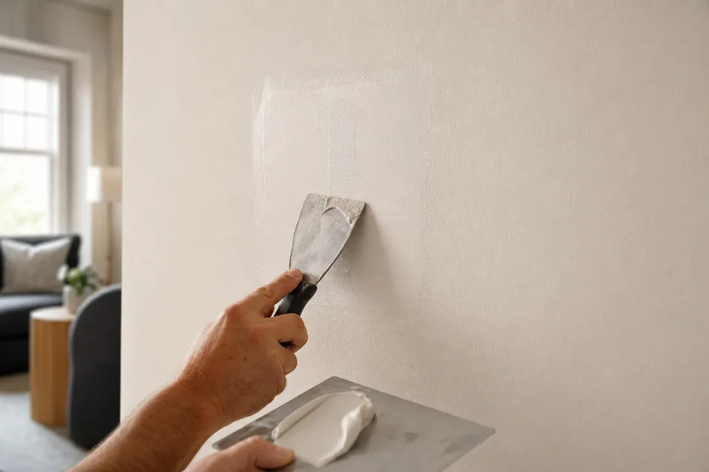 Professional drywall repair being feathered smooth before painting