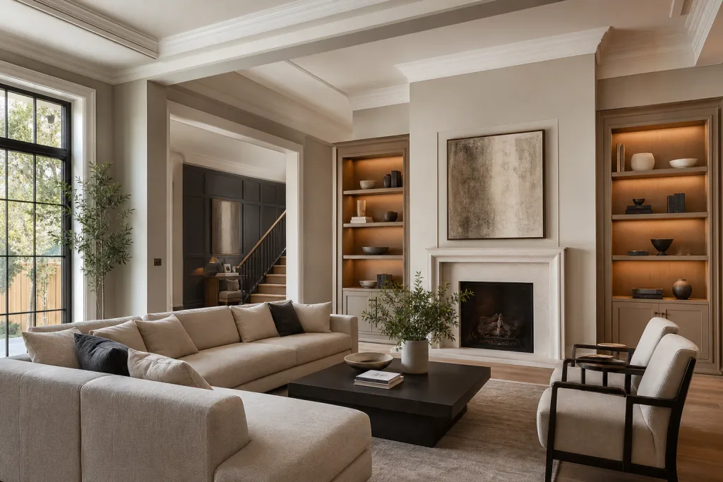 Interior painting by Sigma Painting — Pickering living room with freshly painted walls, crown moulding and trim