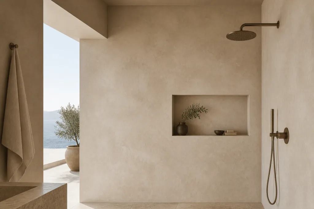 Warm mineral limewash finish with soft microcement-like variation in a walk-in shower