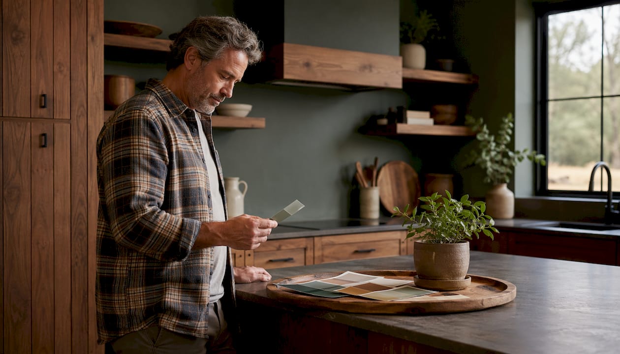 Rustic kitchen with matte warm khaki walls and natural wood