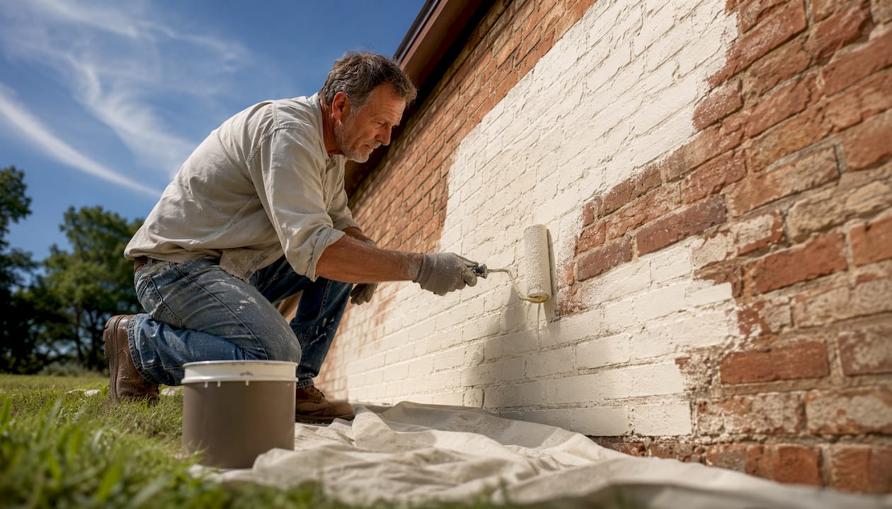 Hands rolling paint on brick wall