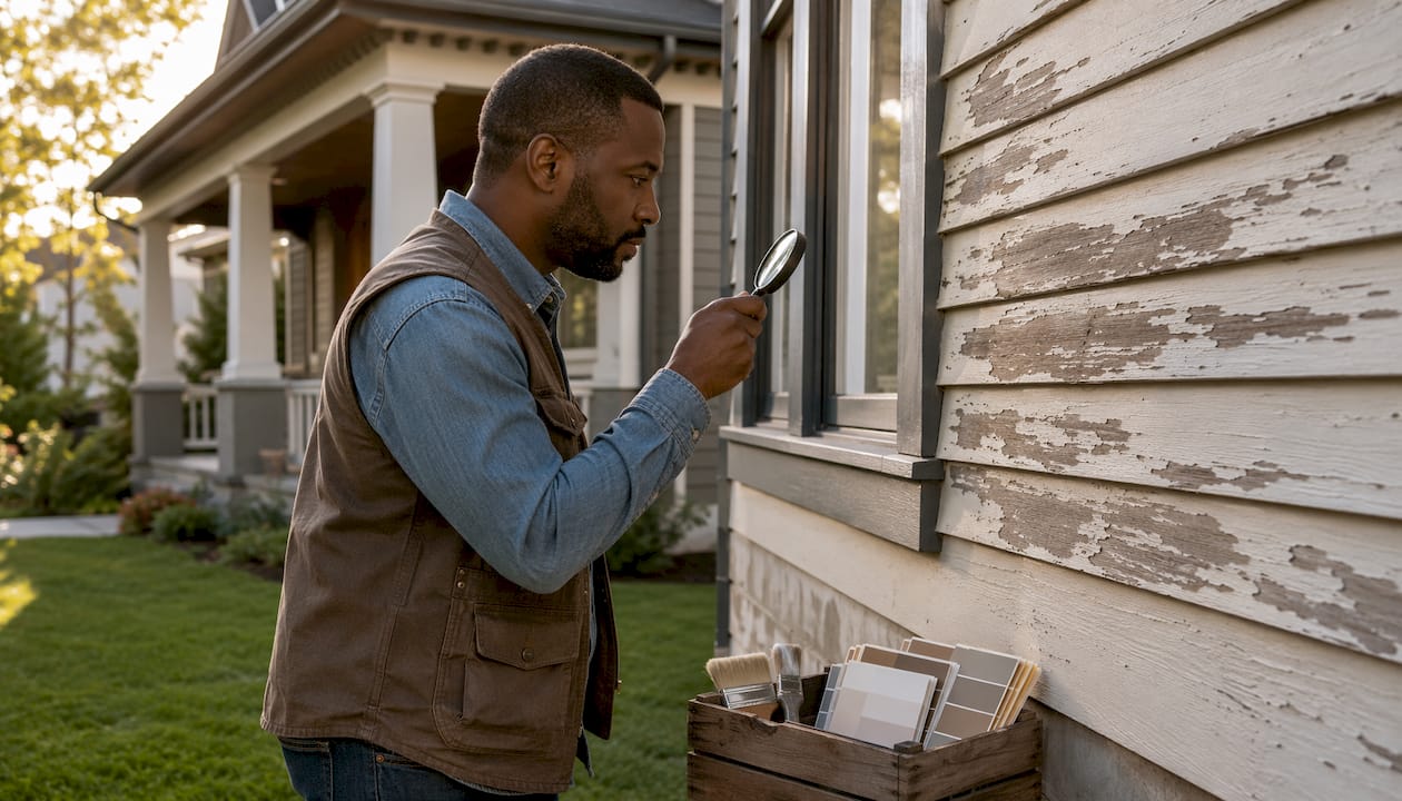 Estimator inspecting house exterior paint damage