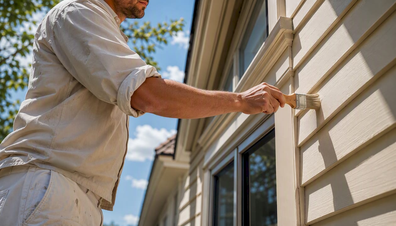 Painter applying paint on exterior wall