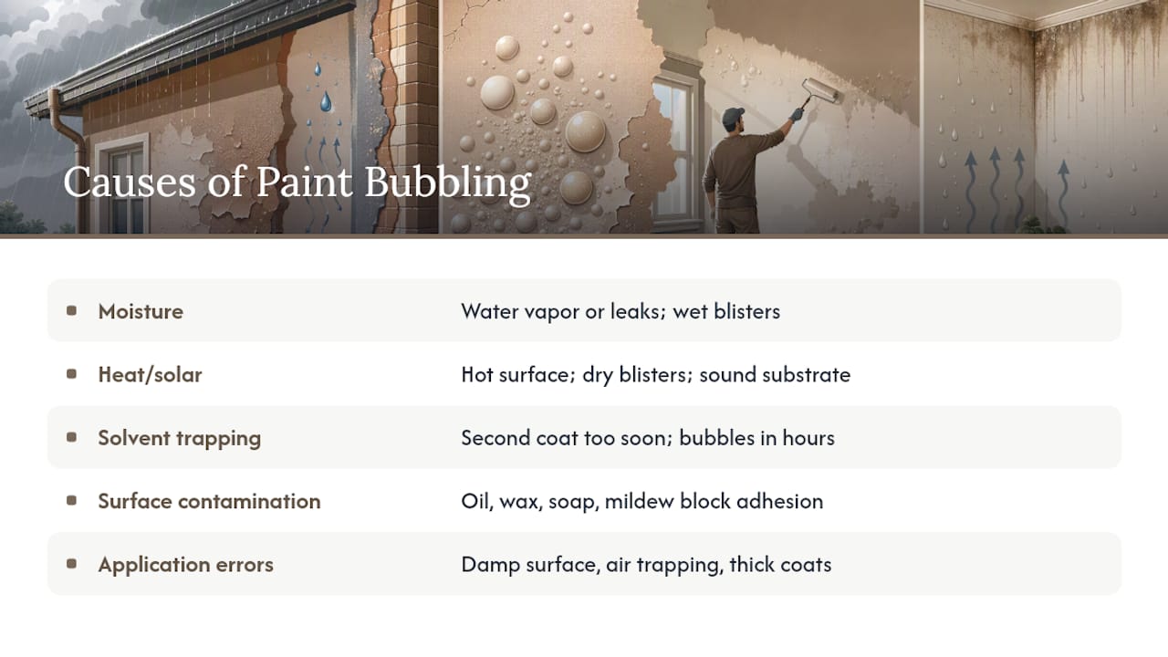 Diagram of paint bubble causes and types