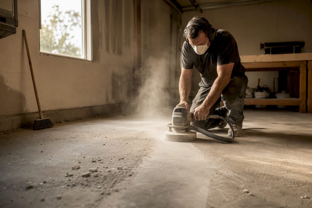 Hands use diamond grinder on concrete floor