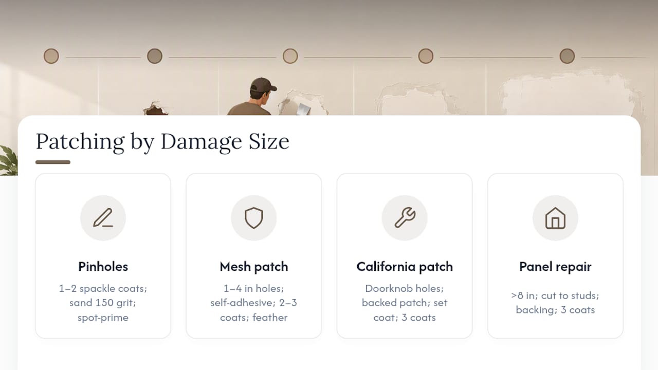 Diagram of drywall patch techniques by damage size