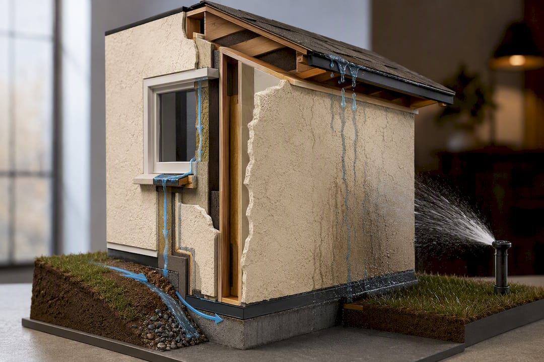 Illustration of four water paths into stucco